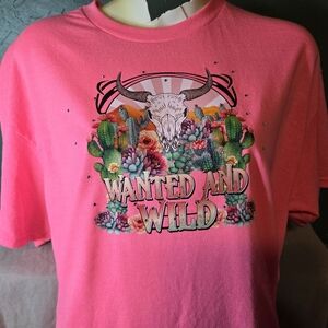 Pink Graphic Western Cow Skull Desert Cactus and Flowers Rhinestones T-Shirt Lrg